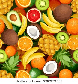 Seamless background with tropical fruit (avocado, banana, coconut, kiwi, orange, pineapple) on a black background. Vector seamless pattern