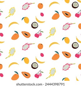 Seamless background of tropical fruits. Tropical pattern. Banana coconuts dragon fruit papaya mango orange and lychee.