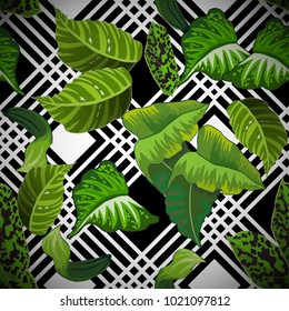 Seamless background with tropical leaves