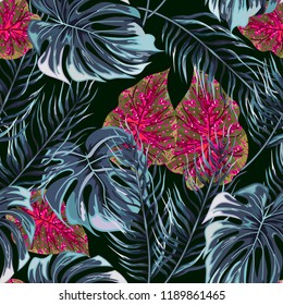 Seamless background with tropical leaves