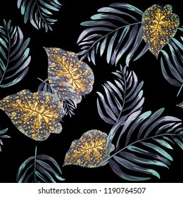 Seamless background with tropical leaves