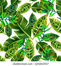 Seamless background with tropical leaves