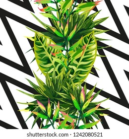 Seamless background with tropical leaves