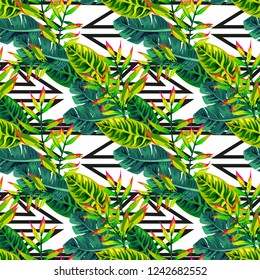 Seamless background with tropical leaves