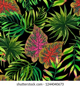 Seamless background with tropical leaves