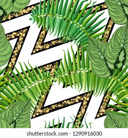 Seamless background with tropical leaves. 