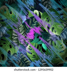 Seamless background with tropical leaves