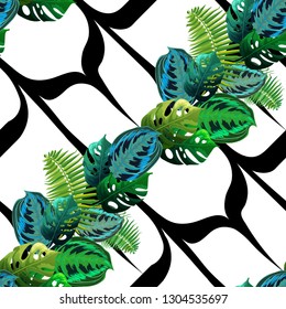 Seamless background with tropical leaves