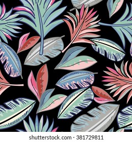 Seamless background with tropical leaves