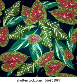 Seamless background with tropical leaves