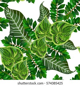 Seamless background with tropical leaves
