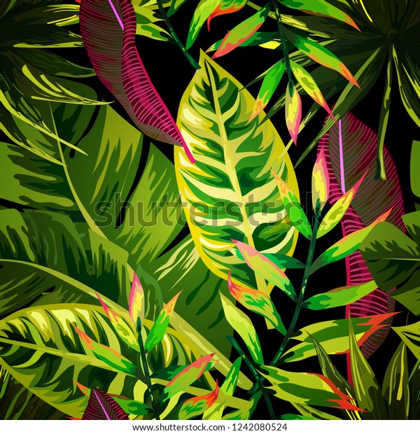 Seamless background with tropical leaves in green, yellow, black, and maroon. Wallpaper for walls. 
