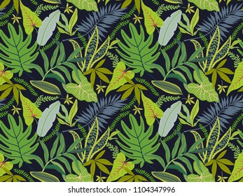 Seamless background with tropical leaves. Bright jungle pattern with palm leaves and exotic plant. The elegant template with Hawaiian motifs, on dark background.