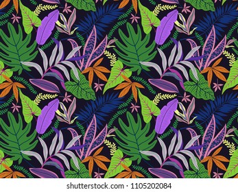 Seamless background with tropical leaves. Bright jungle pattern with palm leaves and exotic plant. The elegant template with Hawaiian motifs, on dark background.