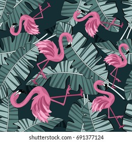 Seamless background with tropical leaves, flamingos and flowers. Jungle. Vector illustration.