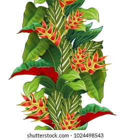 Seamless background with tropical leaves and flowers