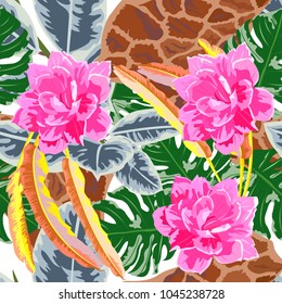 Seamless background with tropical leaves, flowers and giraffe skin pattern. Floral pattern for printing on fabric, clothing, home textiles, wallpaper, gift wrapping.