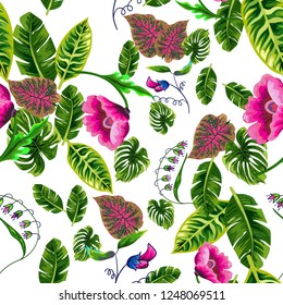 Seamless background with tropical leaves and flowers