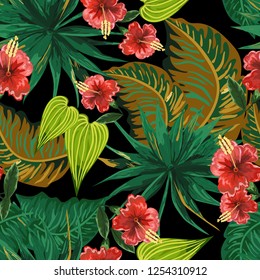Seamless background with tropical leaves and flowers