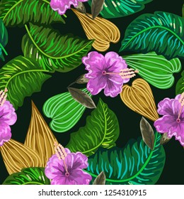 Seamless background with tropical leaves and flowers