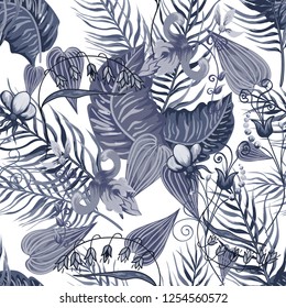 Seamless background with tropical leaves and flowers