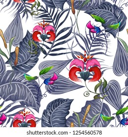 Seamless background with tropical leaves and flowers