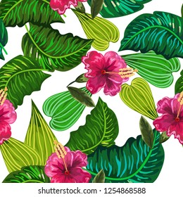 Seamless background with tropical leaves and flowers