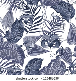 Seamless background with tropical leaves and flowers