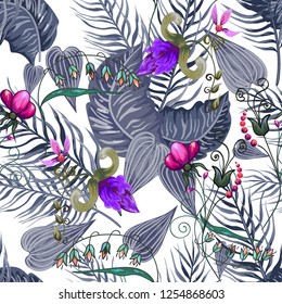 Seamless background with tropical leaves and flowers
