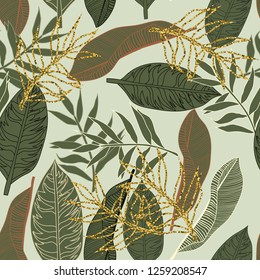 Seamless background with tropical leaves, flowers and gold sparkles.