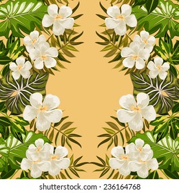 Seamless background with tropical tropical leaves and flowers frangipani (plumeria)