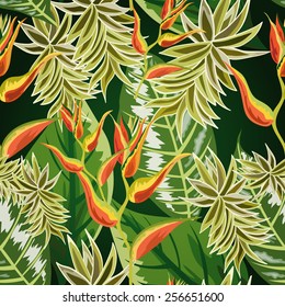 Seamless background with tropical leaves and flowers