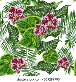 Seamless background with tropical leaves and flowers