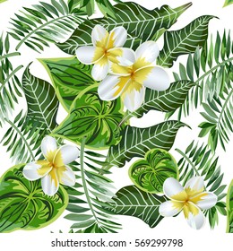 Seamless background with tropical leaves and flowers