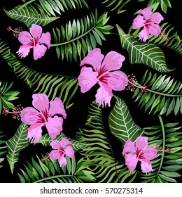 Seamless background with tropical leaves and flowers