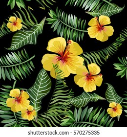Seamless background with tropical leaves and flowers