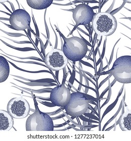 Seamless background with tropical leaves and fruits. Seamless pattern with Granadillas.