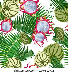 Seamless background with tropical leaves and fruits. Seamless pattern with dragon fruit. 