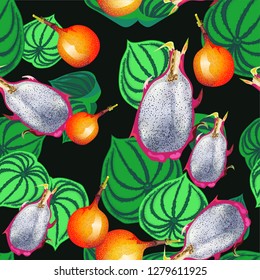 Seamless background with tropical leaves and fruits. Seamless pattern with dragon fruit. 