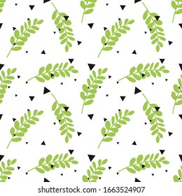 Seamless background with tropical leaves and geometric shapes. Modern pattern with leaves Pattern with triangles. 