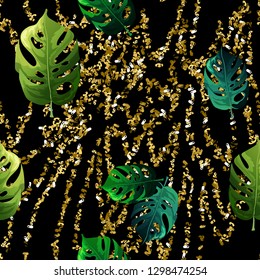 Seamless background with tropical leaves and gold glitter
