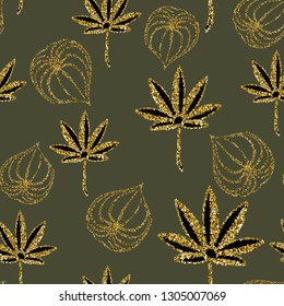 Seamless background with tropical leaves and gold glitter