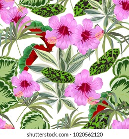 Seamless background with tropical leaves  and hibiscus flowers