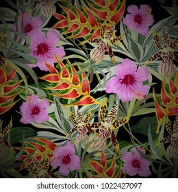Seamless background with tropical leaves and hibiscus and orchids flowers