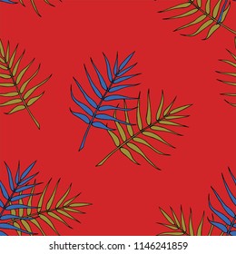 seamless background with tropical leaves on a colored background