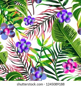 Seamless background with tropical leaves and pearl flowers