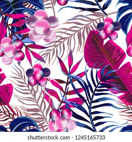 Seamless background with tropical leaves and pearl flowers