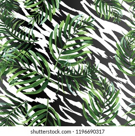 Seamless background with tropical leaves and skin of the tiger.