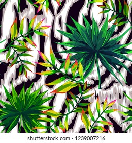 Seamless background with tropical leaves and skin of the tiger.
