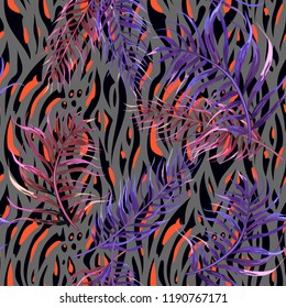 Seamless background with tropical leaves and tiger stripes.